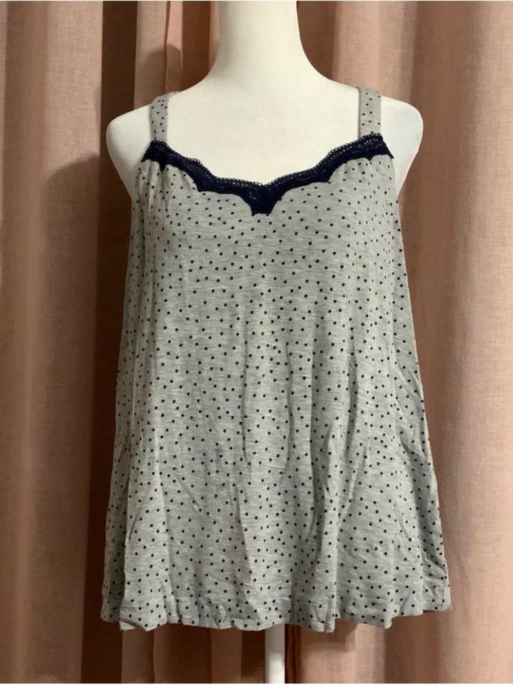 Grey Soma Polka Dot Cami with Navy Lace Trim Sz Small